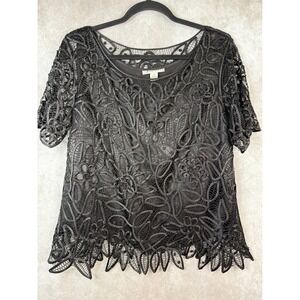 Silken Poetry Blouse Womens XL Black 100% Silk Floral Beaded Lace Whimsigoth